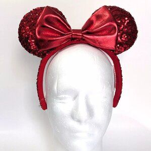 Disney Parks Minnie Ears Mickey Mouse Solid Red Sequin Bow Headband